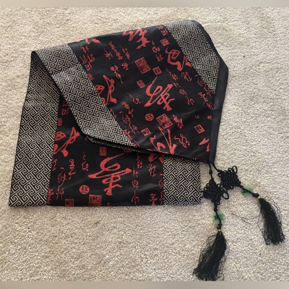 Black Red Chinese Silk Satin Brocade With Two Tassels Table Runner